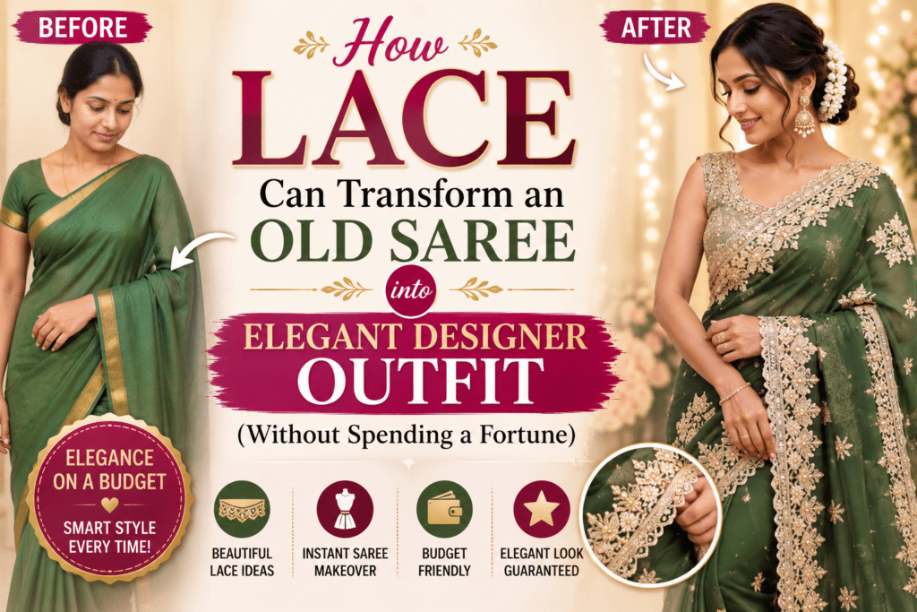 Before and after old saree transformation using designer lace to create an elegant premium ethnic outfit on a budget