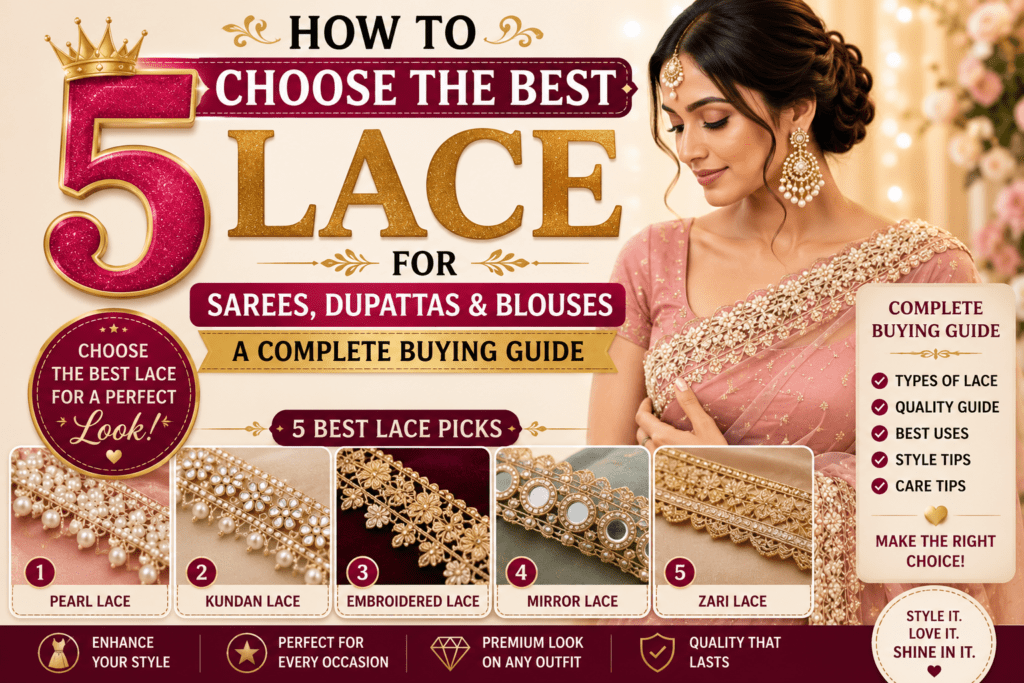Top 5 best lace types for sarees, dupattas and blouses including pearl lace, kundan lace, embroidered lace, mirror lace and zari lace buying guide
