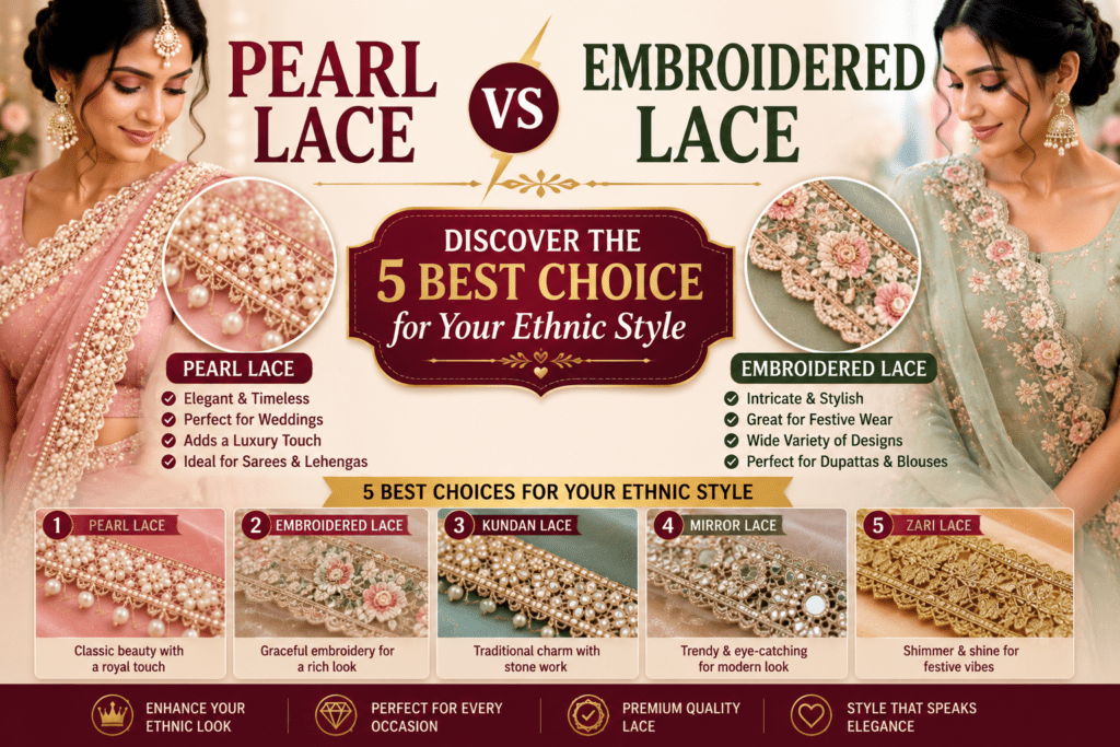 Pearl Lace vs Embroidered Lace comparison with the 5 best lace choices for sarees, lehengas, dupattas and blouses for ethnic fashion