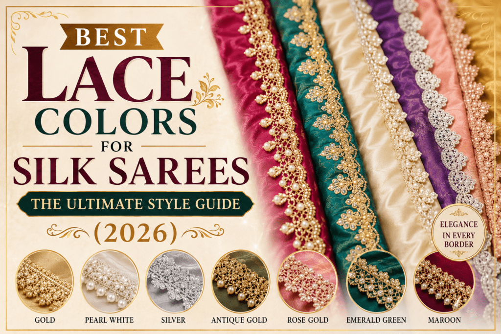 Best lace colors for silk sarees featuring gold, pearl white, silver, antique gold, rose gold, emerald green, and maroon designer lace borders