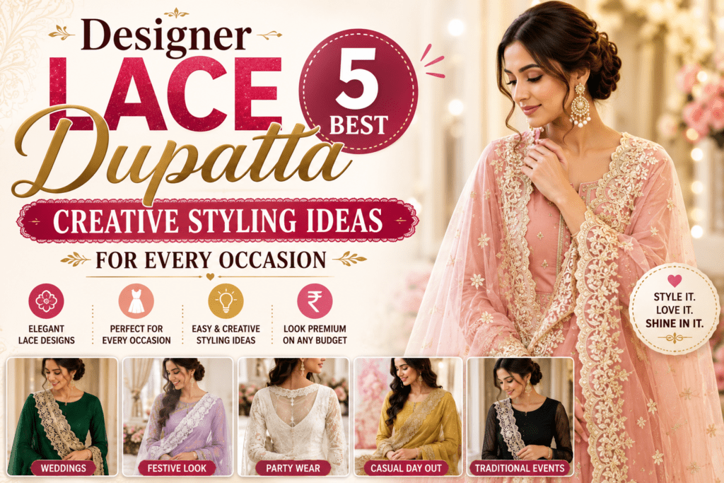 Designer lace dupatta styling ideas for weddings, festivals, parties, and ethnic outfits with elegant lace borders and premium fashion inspiration
