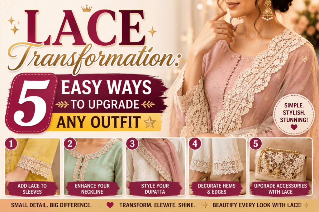 Lace transformation ideas showing how to upgrade sarees, kurtis, dupattas, sleeves, necklines, and accessories with designer lace for a premium ethnic look